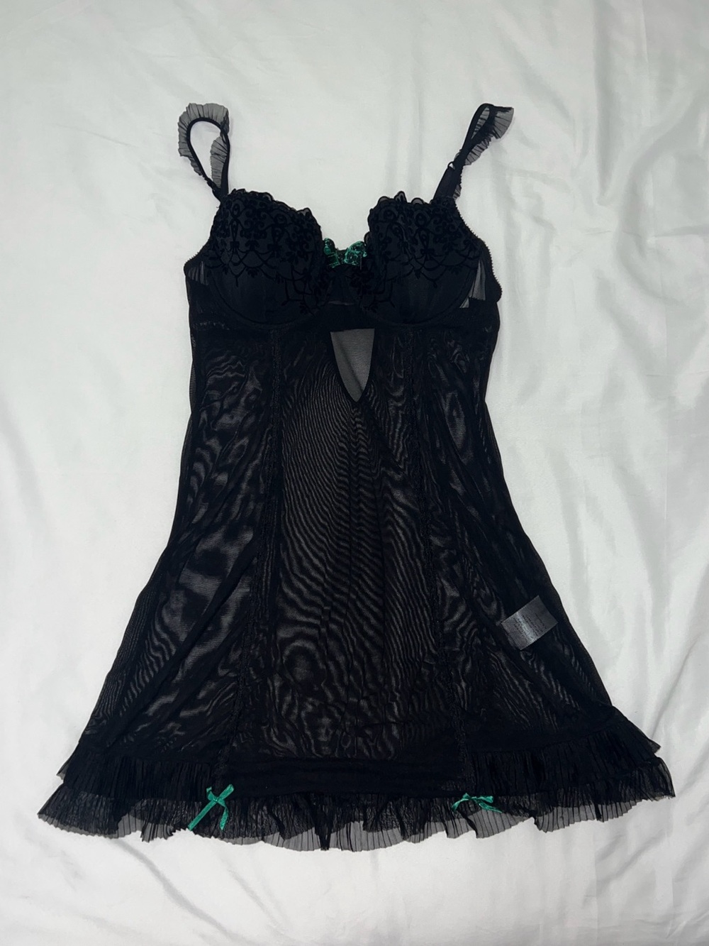 Etam Black Mesh Lingerie Slip Dress With Green Bows And Ruffles Women’s Size 34B